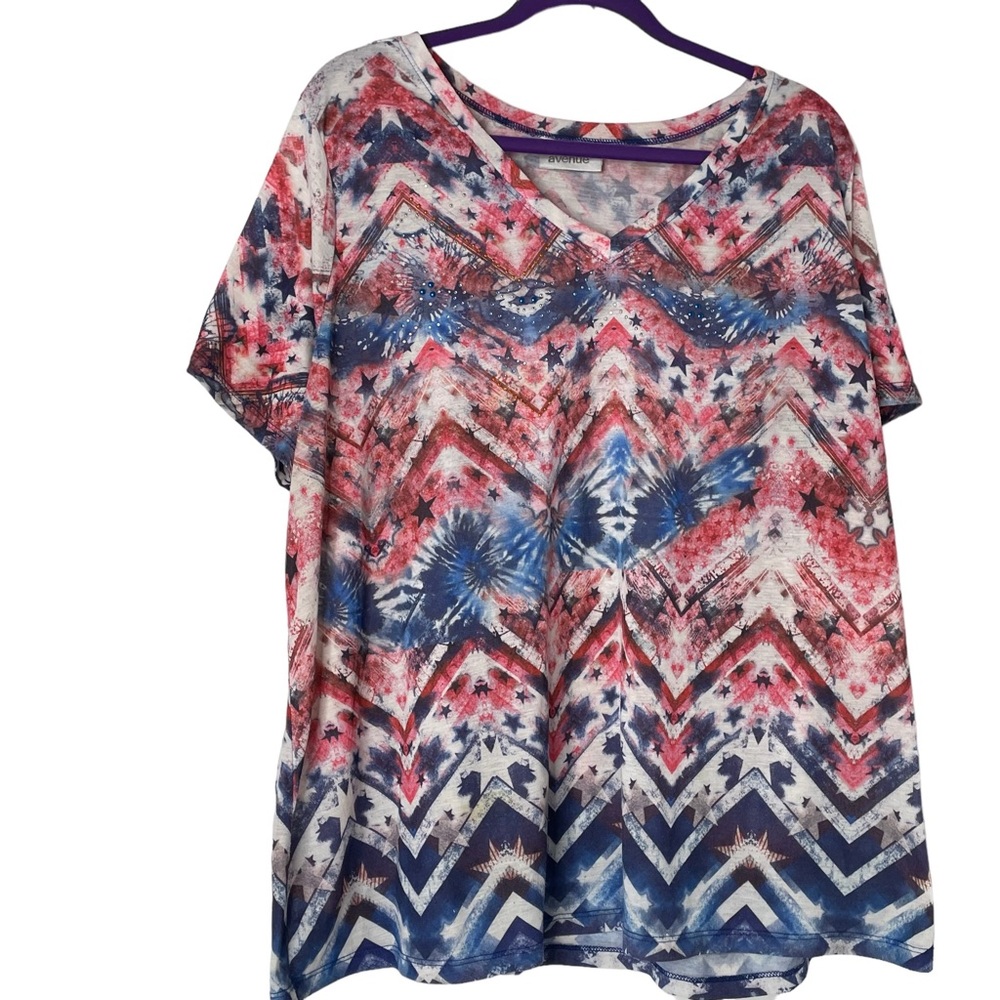 Avenue Plus Tee Short Sleeve VNeck Patriotic Bling! Sz 26/28
